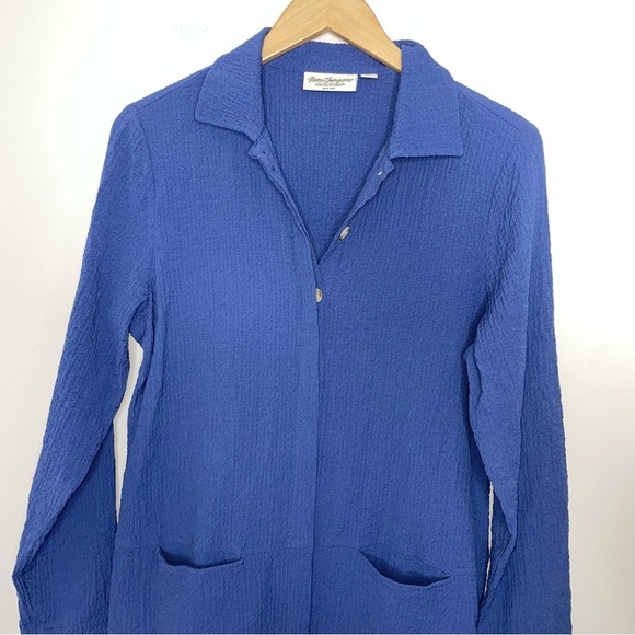 Norm Thompson Button Up Tunic Shirt Women's L Large Blue Textured Long Sleeves - Picture 10 of 14